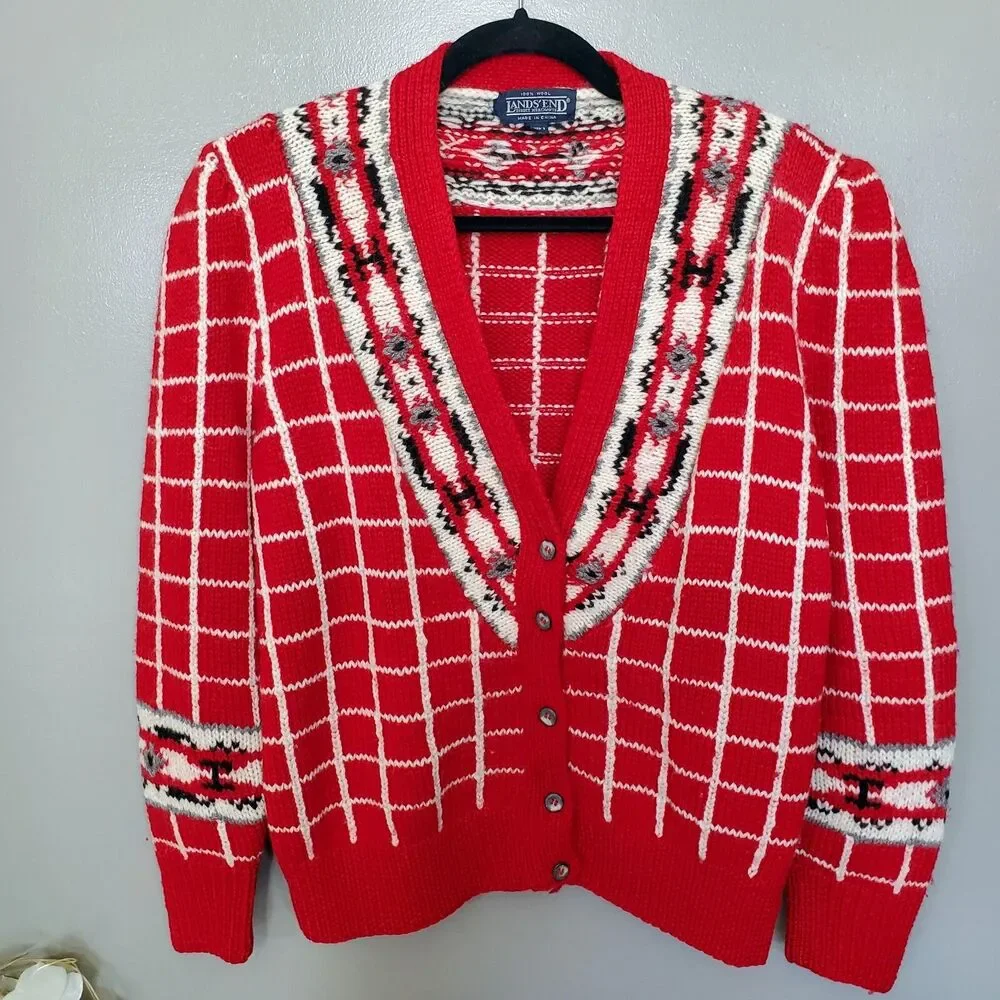 Vintage Lands' End Cardigan Sweater Womens Size Large Red Grid Floral Wool Knit - Picture 1 of 10